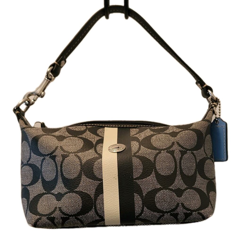 Coach Signature Heritage Stripe Top Handle Pouch Bag Black & Creme Leather